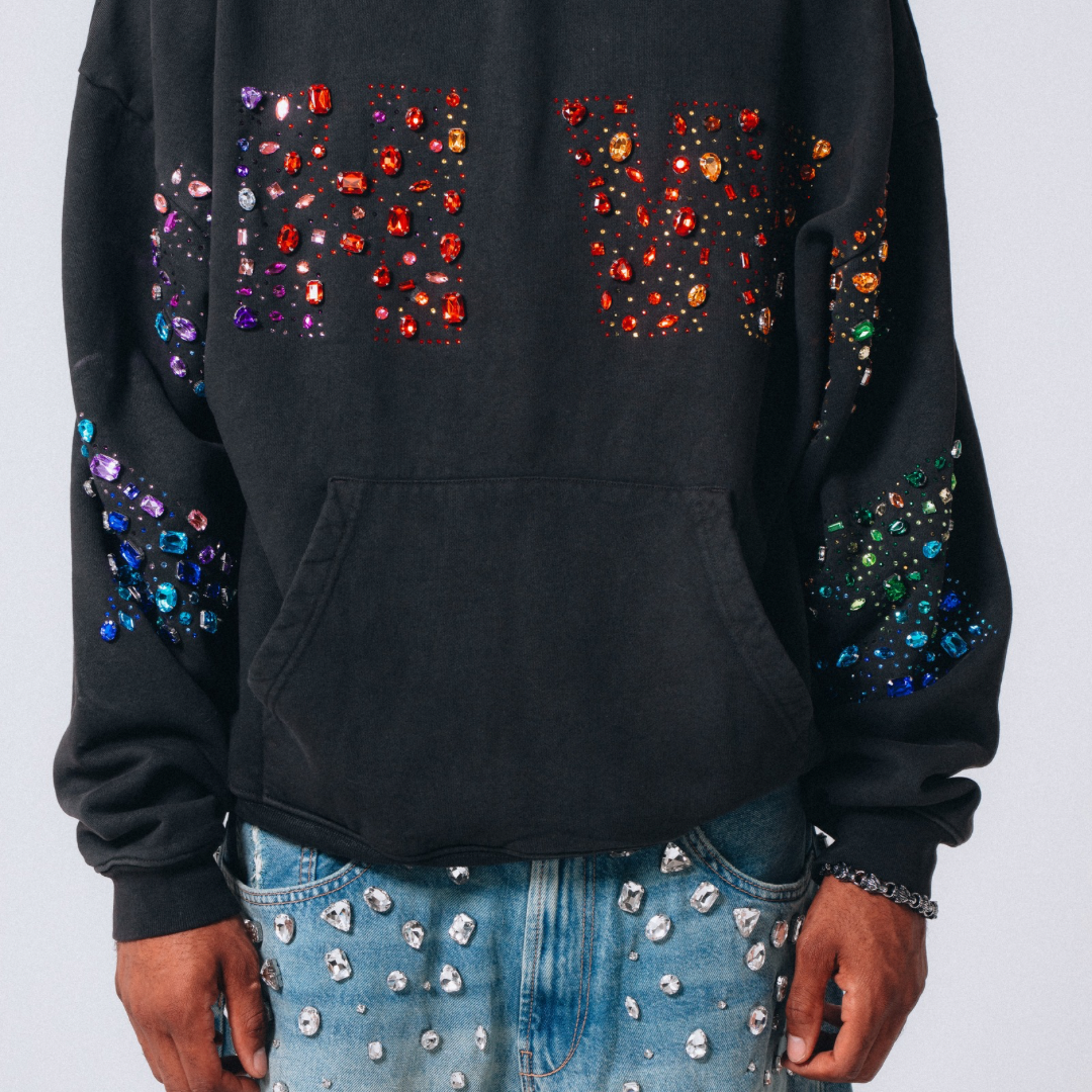 “YAHWEH” Multi-Colored Gemstone hoodie in Stone Black