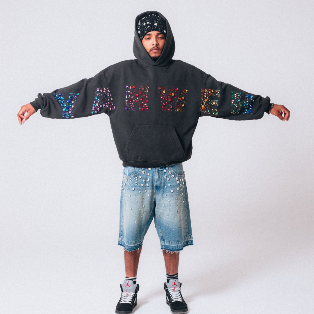 “YAHWEH” Multi-Colored Gemstone hoodie in Stone Black