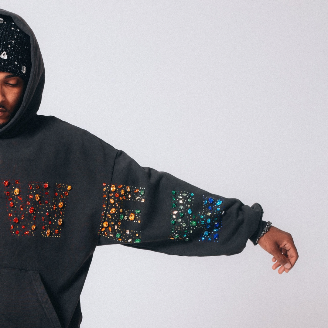“YAHWEH” Multi-Colored Gemstone hoodie in Stone Black