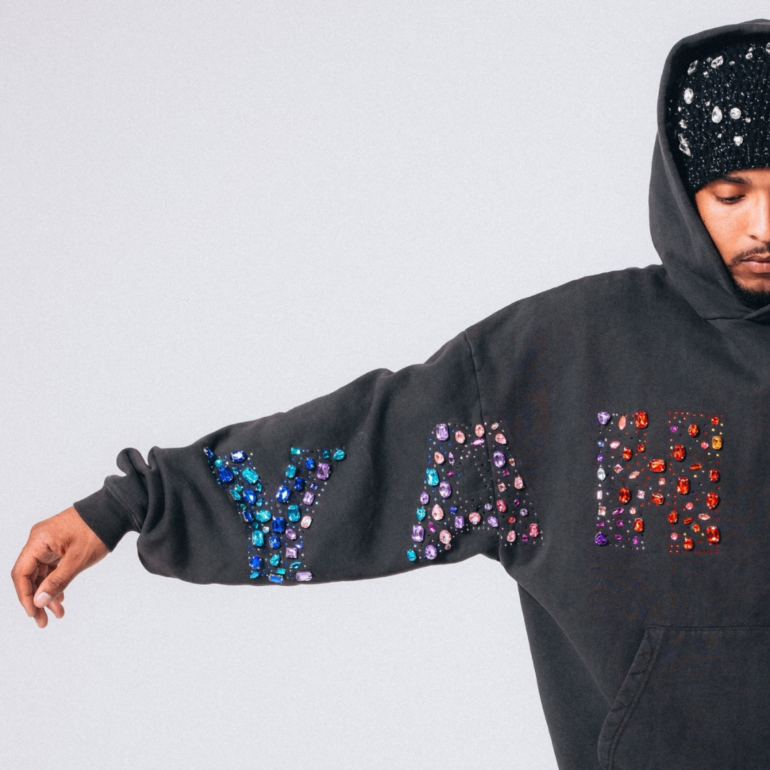 “YAHWEH” Multi-Colored Gemstone hoodie in Stone Black