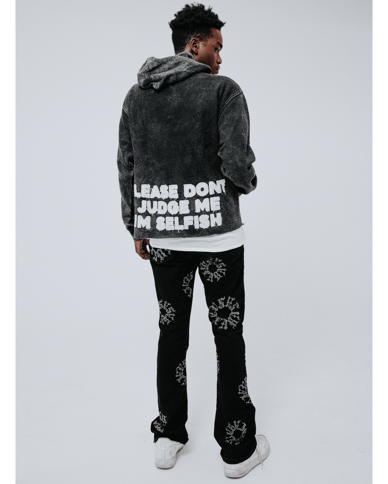 "PLEASE DONT JUDGE ME IM SELFISH" All Around Rhinestone Acid Wash Cropped Hoodie